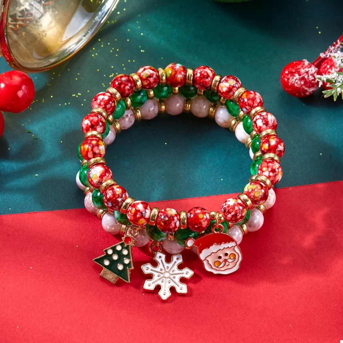 Trendsi 3 Piece Christmas Charm Beaded Bracelet -