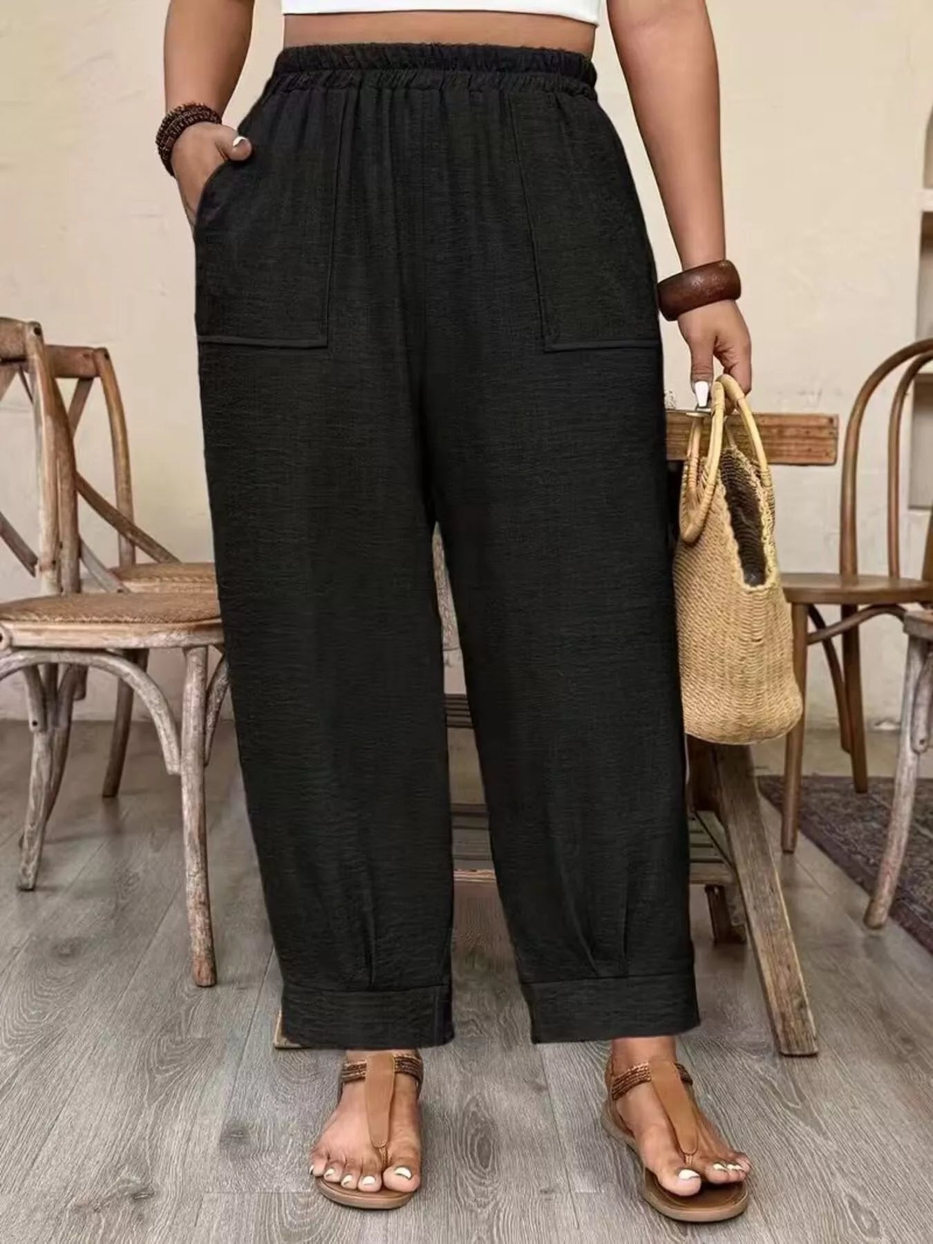 Trendsi Plus Size High-Waisted Elastic Waist Pants with Pockets -