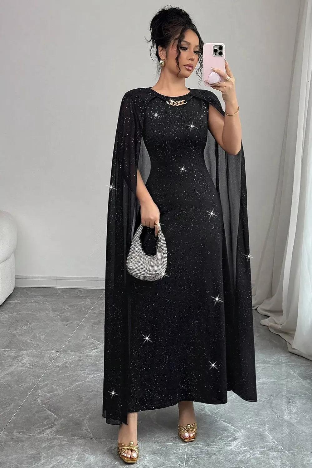 Trendsi Glitter Cape-Sleeve Maxi Dress -