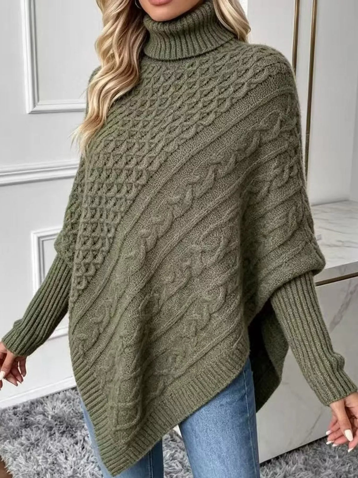 Turtleneck Cable Knit Sweater in olive green