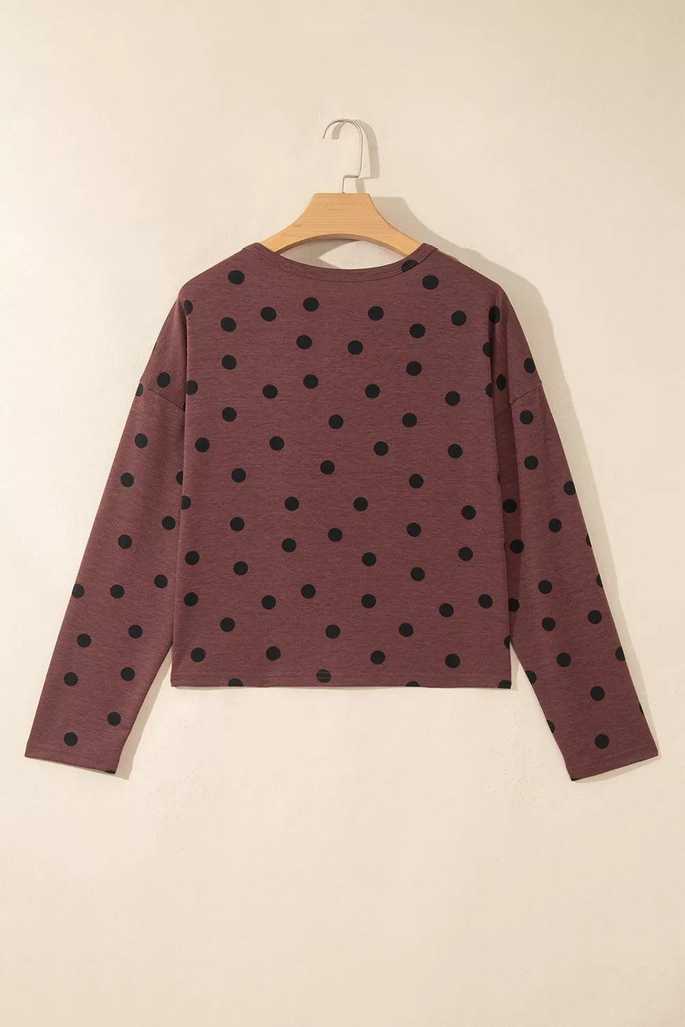 Polka Dot Button Front Long Sleeve Shirt in brown, hanger back view