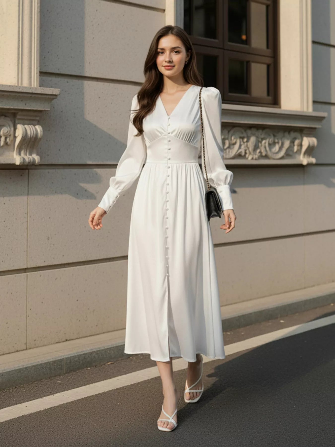 Trendsi V-Neck Lantern Sleeve Midi Dress -