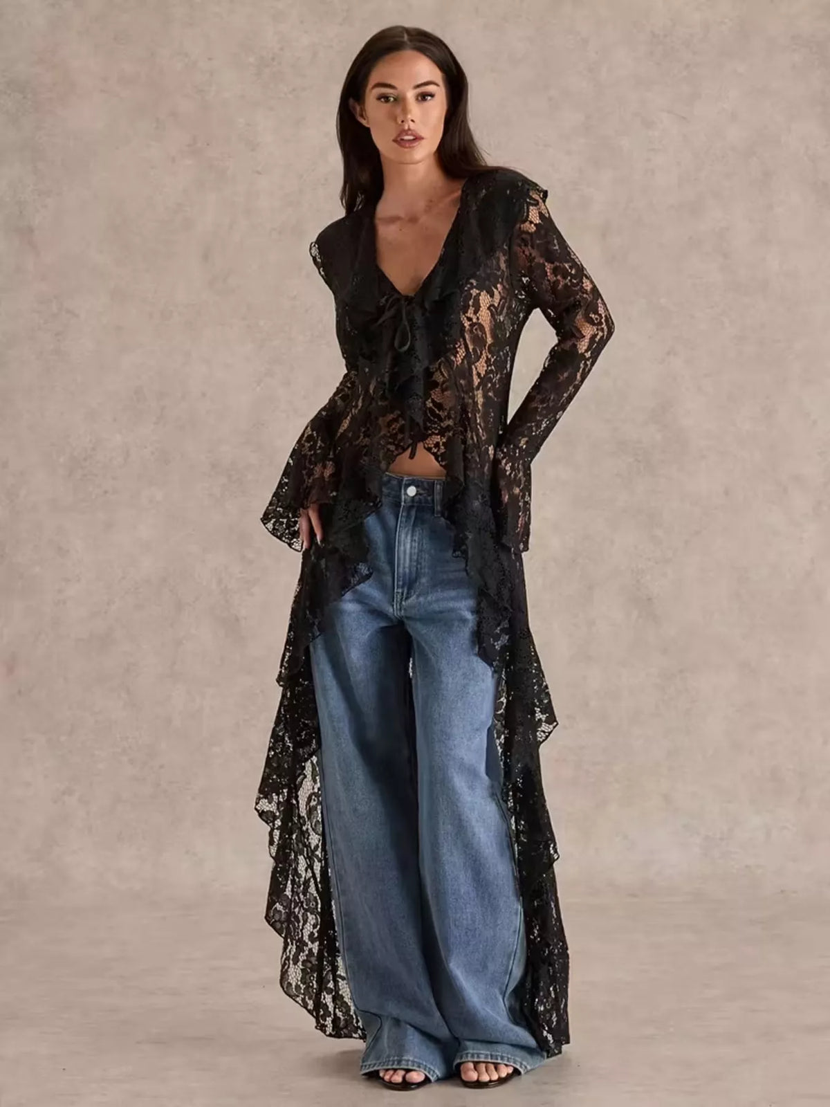 Lace ruffle-trim high-low blouse