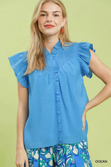Trendsi Umgee Smocked Yoke Ruffle Sleeve Blouse - Clothing Tops
