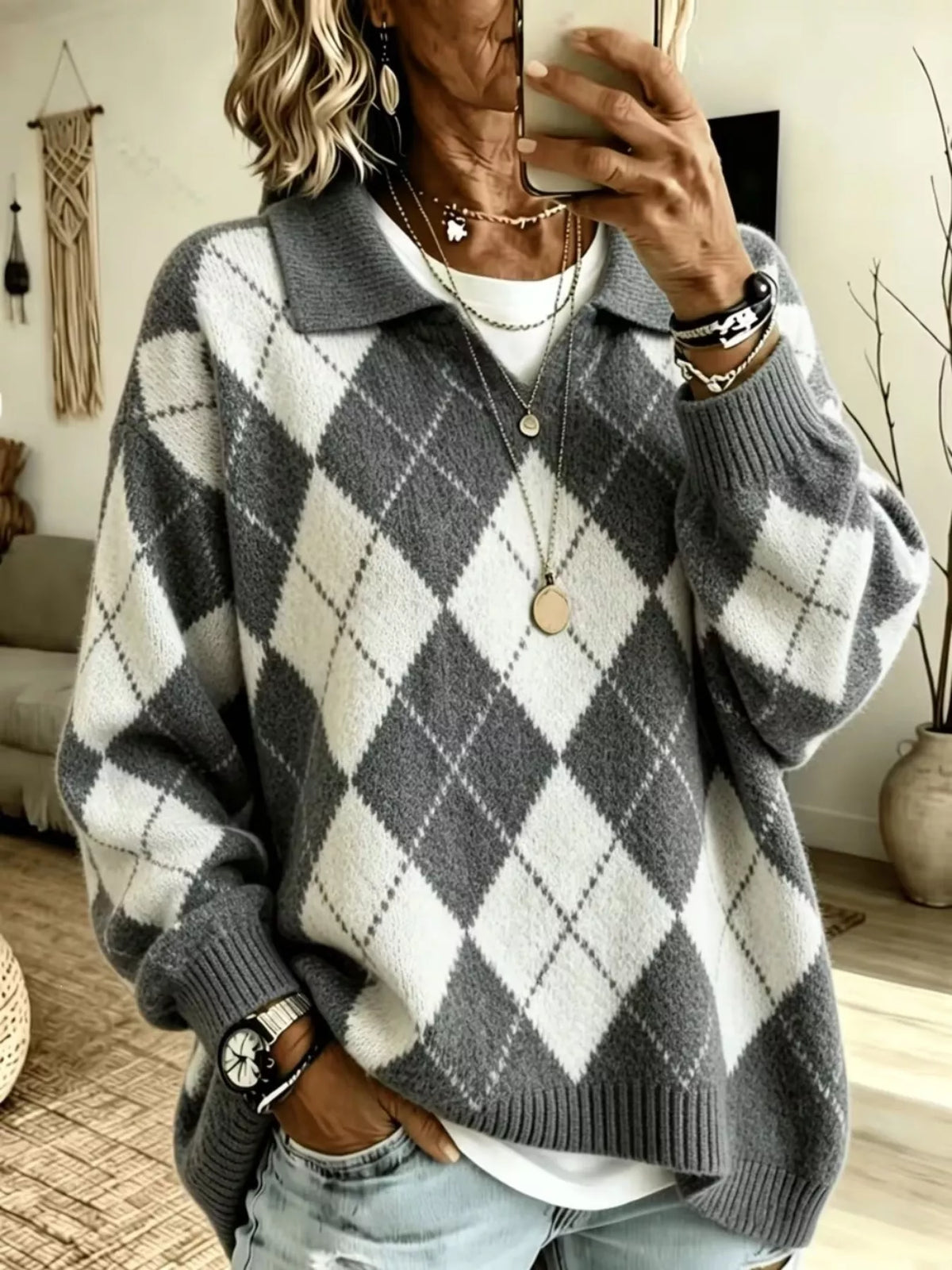 Women's Argyle Pattern Polo Collar Sweater in gray and white — front view
