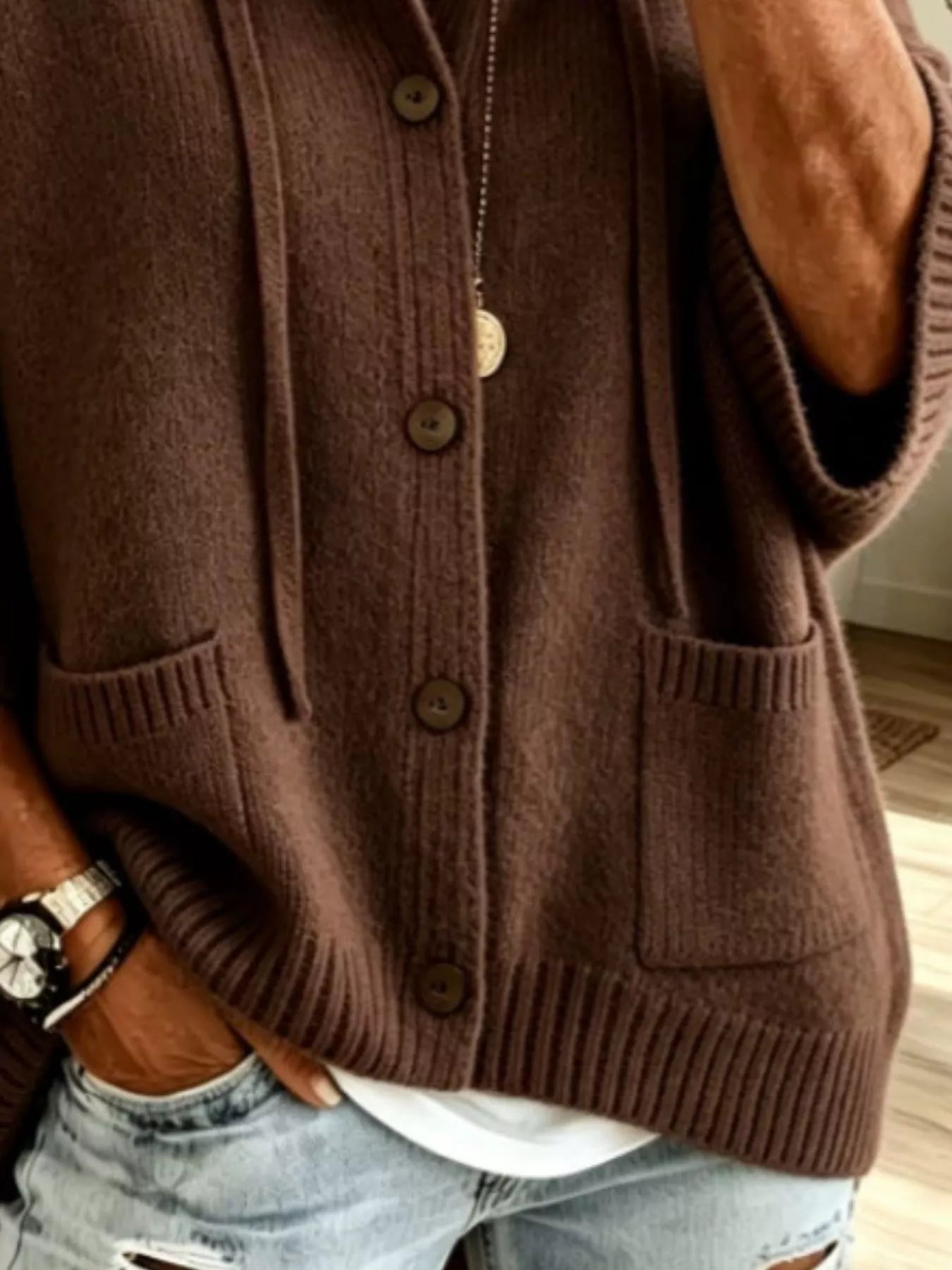 Trendsi Full Size Casual Hooded Button-Down Knit Cardigan with Pockets Plus Size -