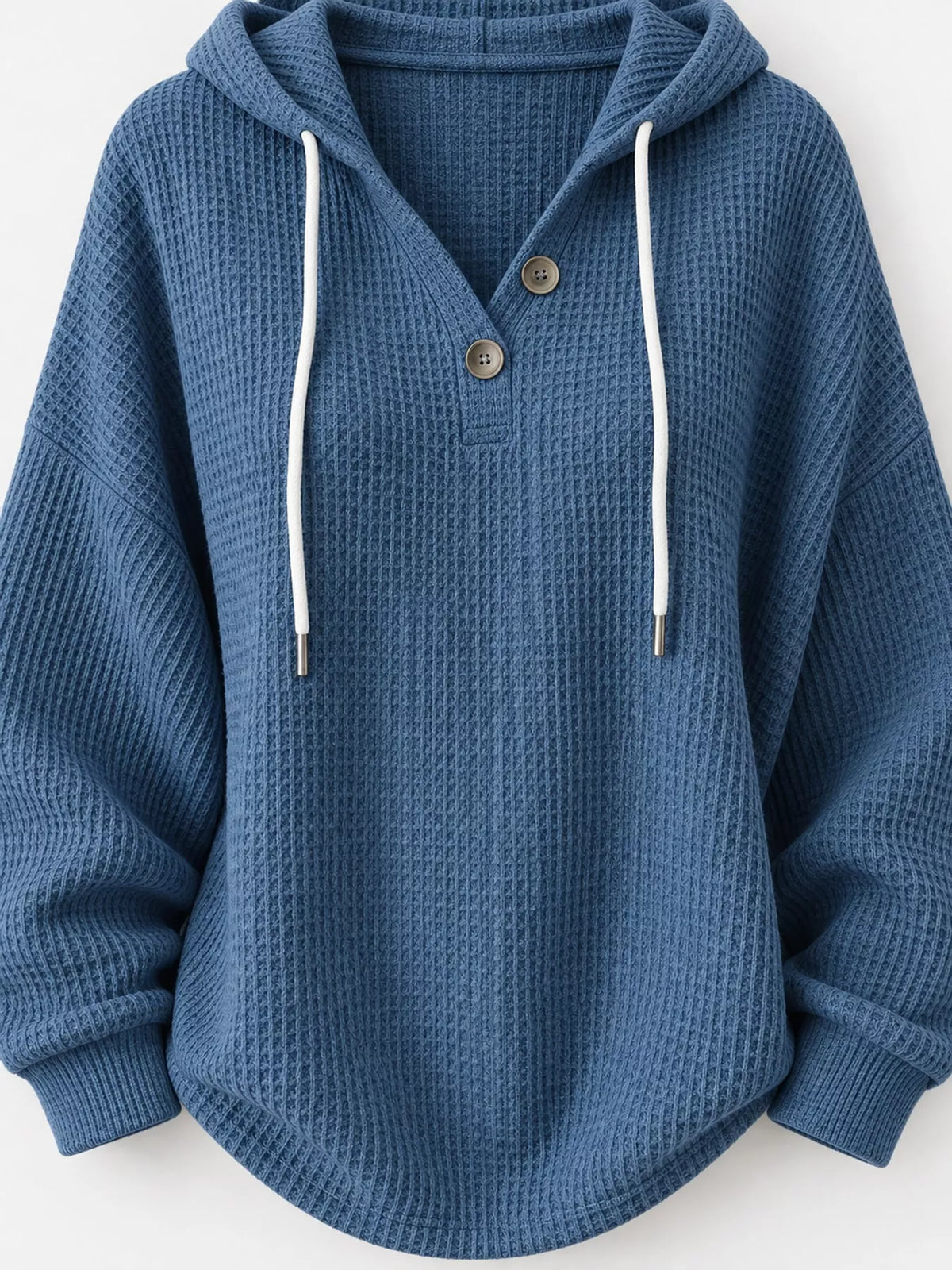 Waffle-knit hoodie, dusty blue neckline detail
