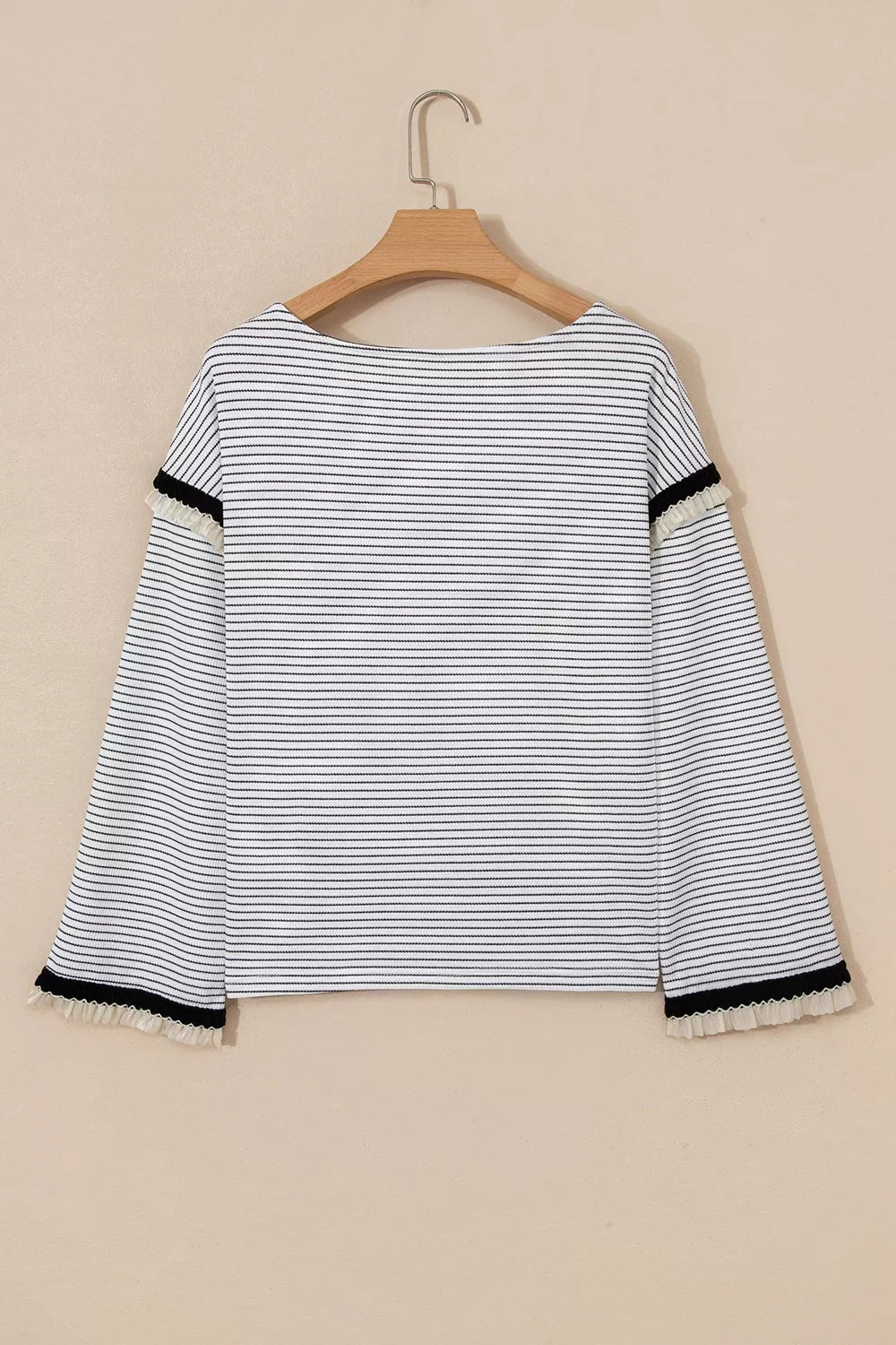 Trendsi Stripe Contrasted Ruffle Trim Loose Long Sleeve Top -