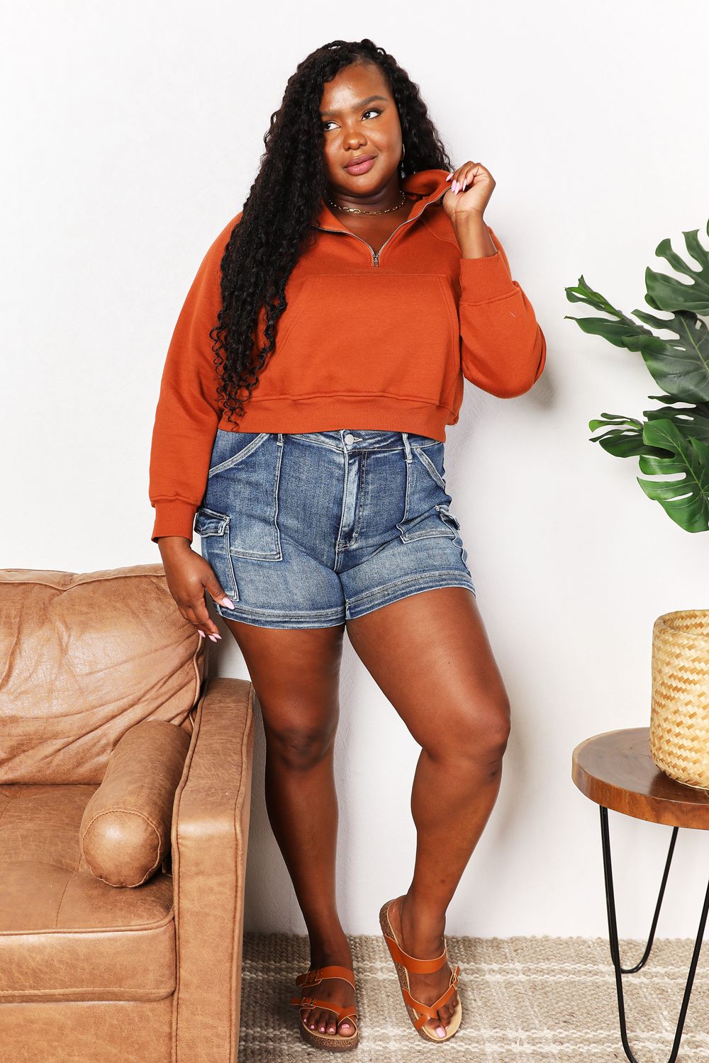 Cropped half-zip long-sleeve hoodie