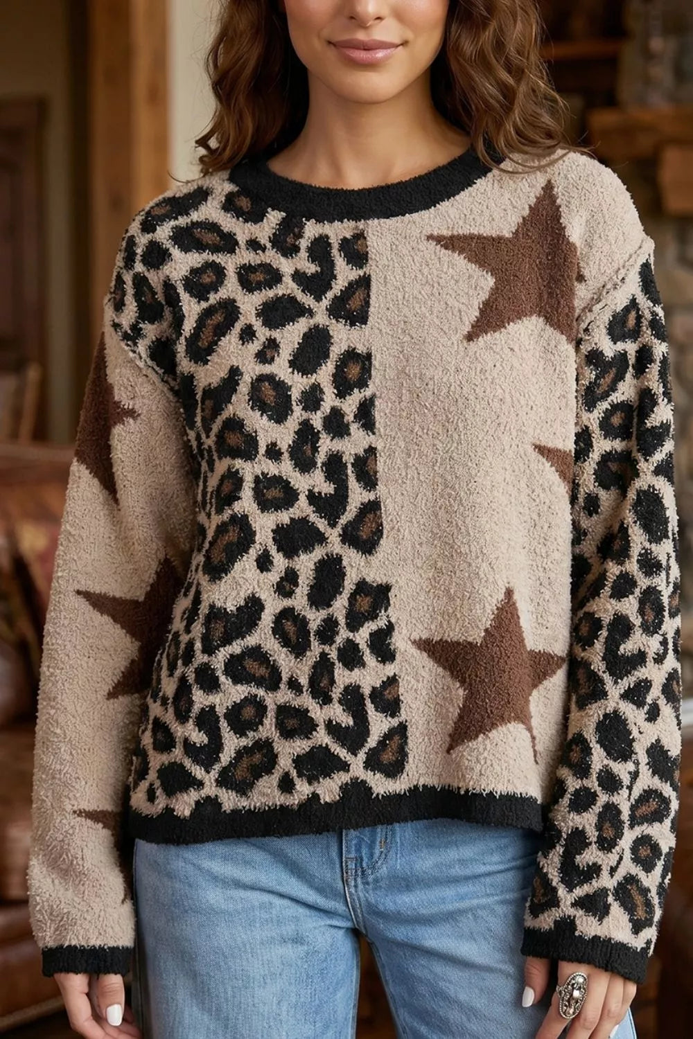Trendsi Leopard Star Pattern Round Neck Long Sleeve Shift Sweater -