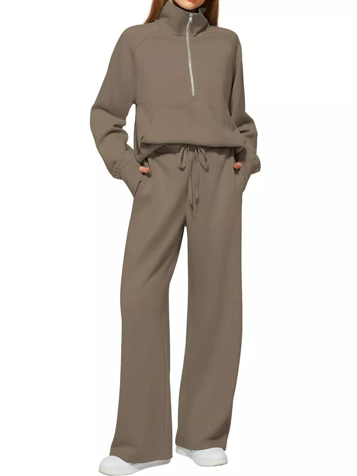 Half-zip top and pants set, taupe front