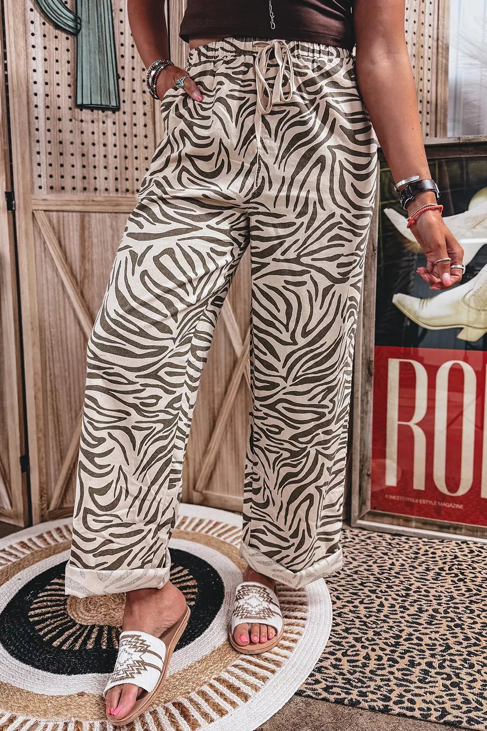 Trendsi Multicolour Western Print Zebra Pattern Elastic Waist Pocket Pants -
