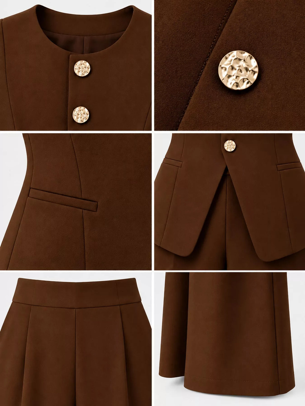 Button-Down Vest and Wide-Leg Pants Set, detail view in brown