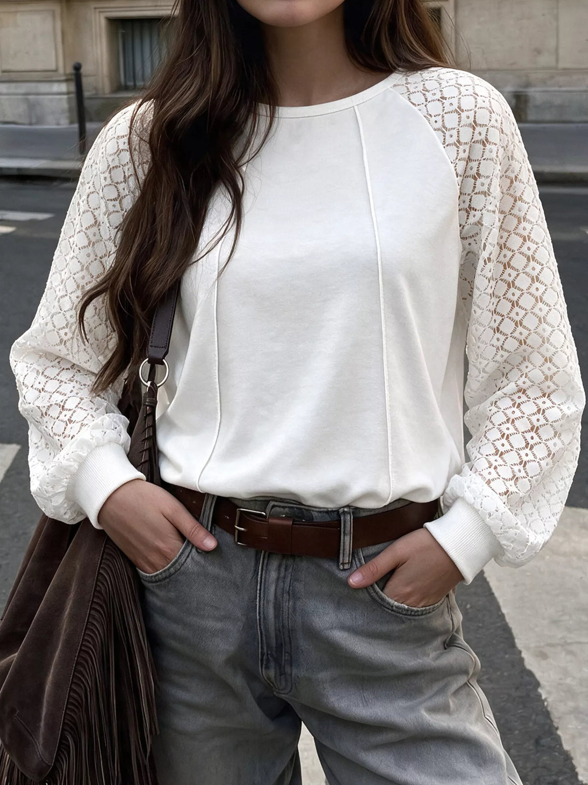 White lace raglan sleeve sweatshirt, front styled view