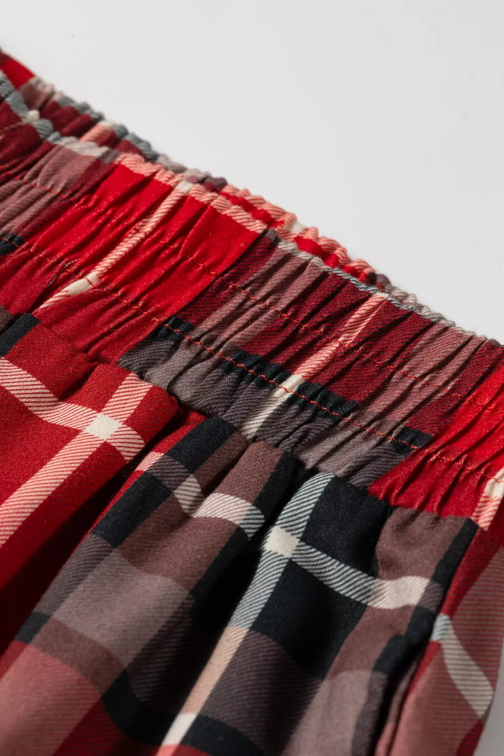 Plaid Elastic Waist Pocket Regular Full-Length Pants in red, waistband detail
