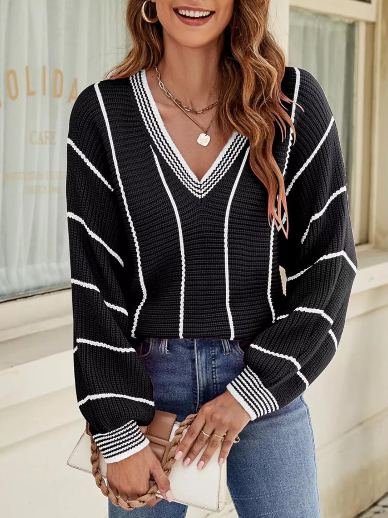Trendsi V-Neck Striped Contrast Sweater -