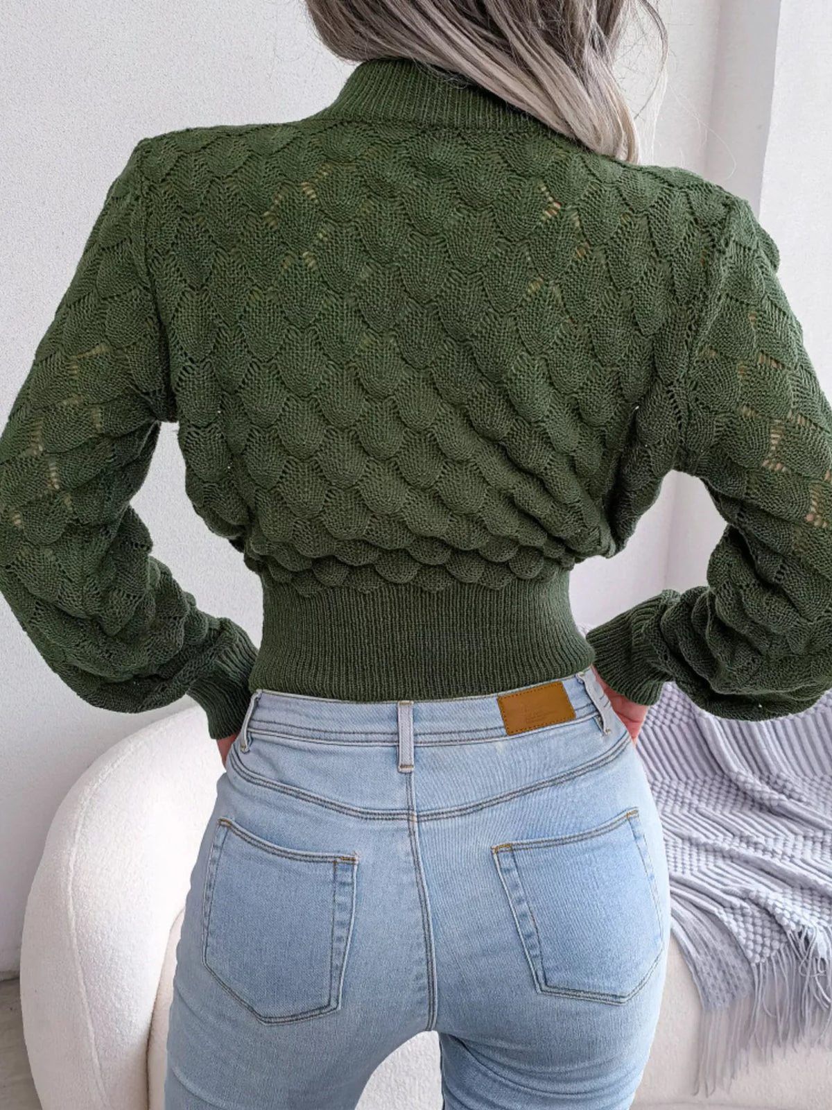 Mock Neck Textured Cropped Sweater in green, back view