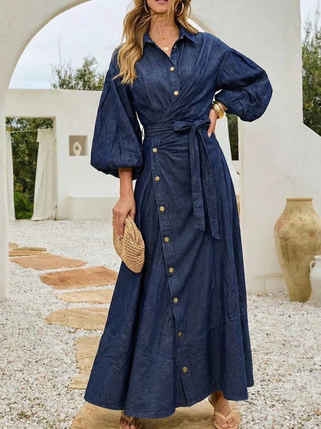 Trendsi Long Sleeve Wrap-Front Denim Dress -