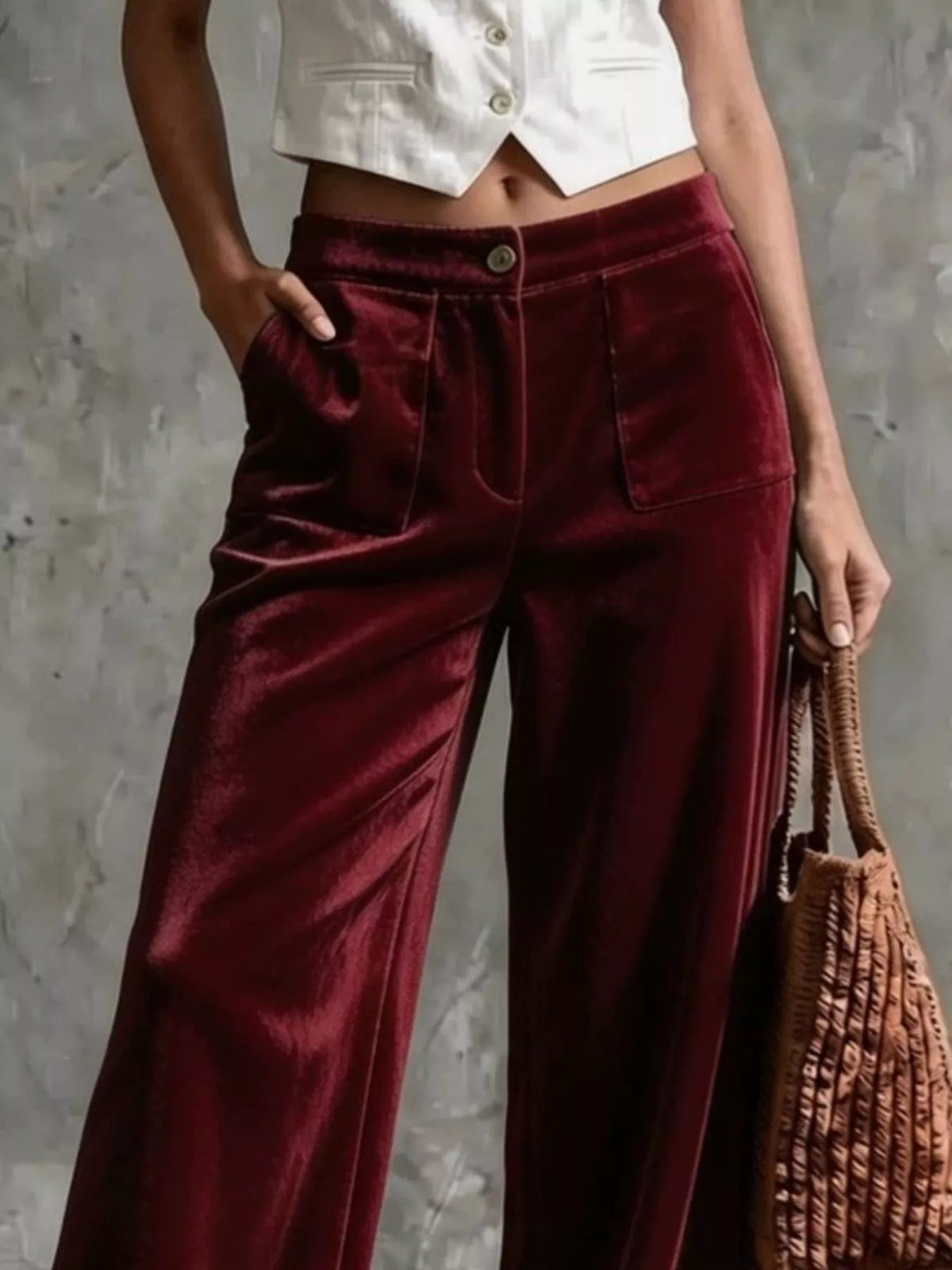 Women's Velvet Wide-Leg Pants in burgundy — waist detail view