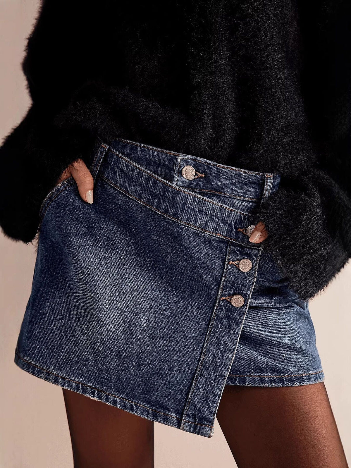 Trendsi Asymmetrical Button-Front Denim Skirt -