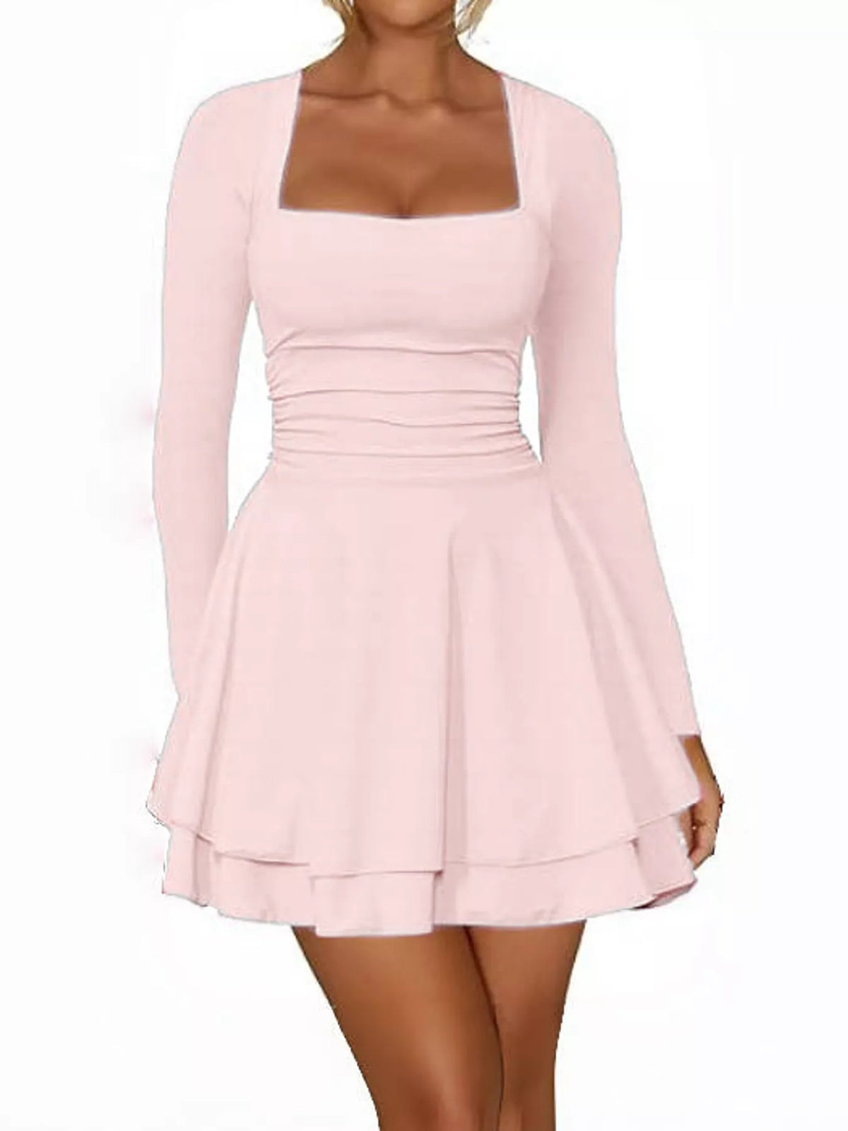 Square neck long sleeve mini dress, front view on model