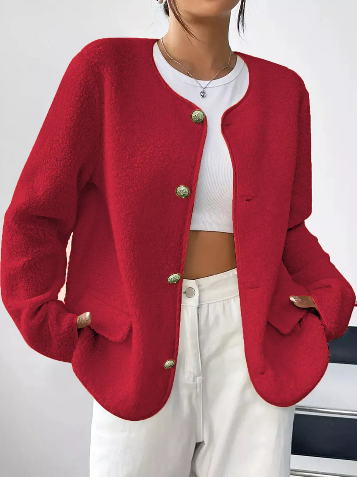 Red textured button-front jacket — front view