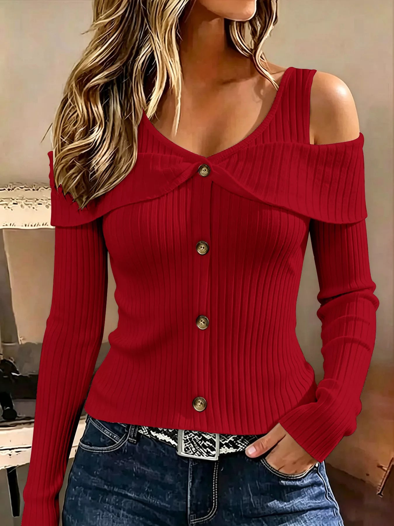 Trendsi Cold Shoulder Ribbed Knit Top -