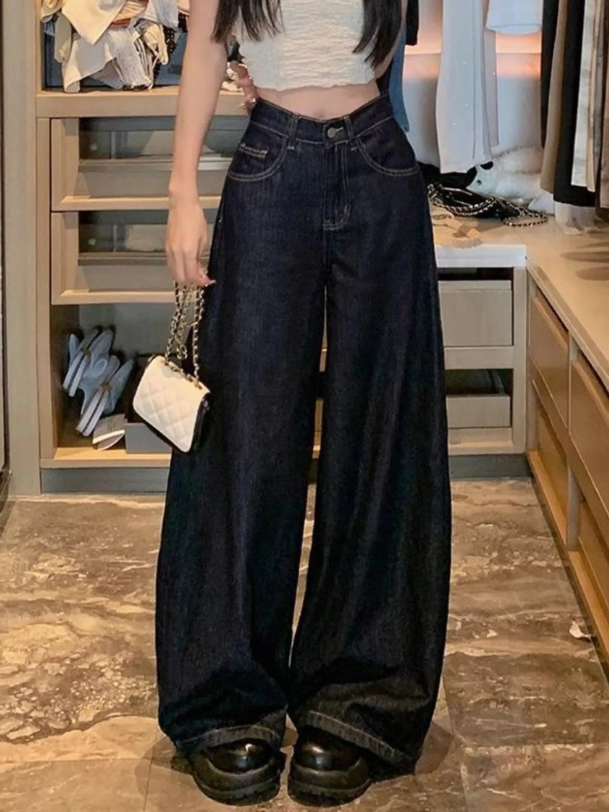 High-Waisted Wide-Leg Jeans in dark blue