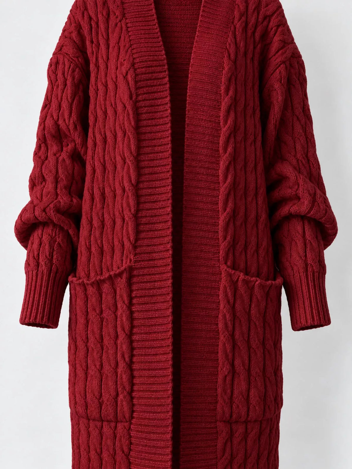 Dark Red cable-knit longline open-front cardigan