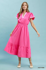 Trendsi Umgee Contrast Trim Midi Dress with Tiered Ruffle Hem -