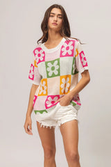 Trendsi BiBi Flower Checker Pattern Lightweight Sweater Top -