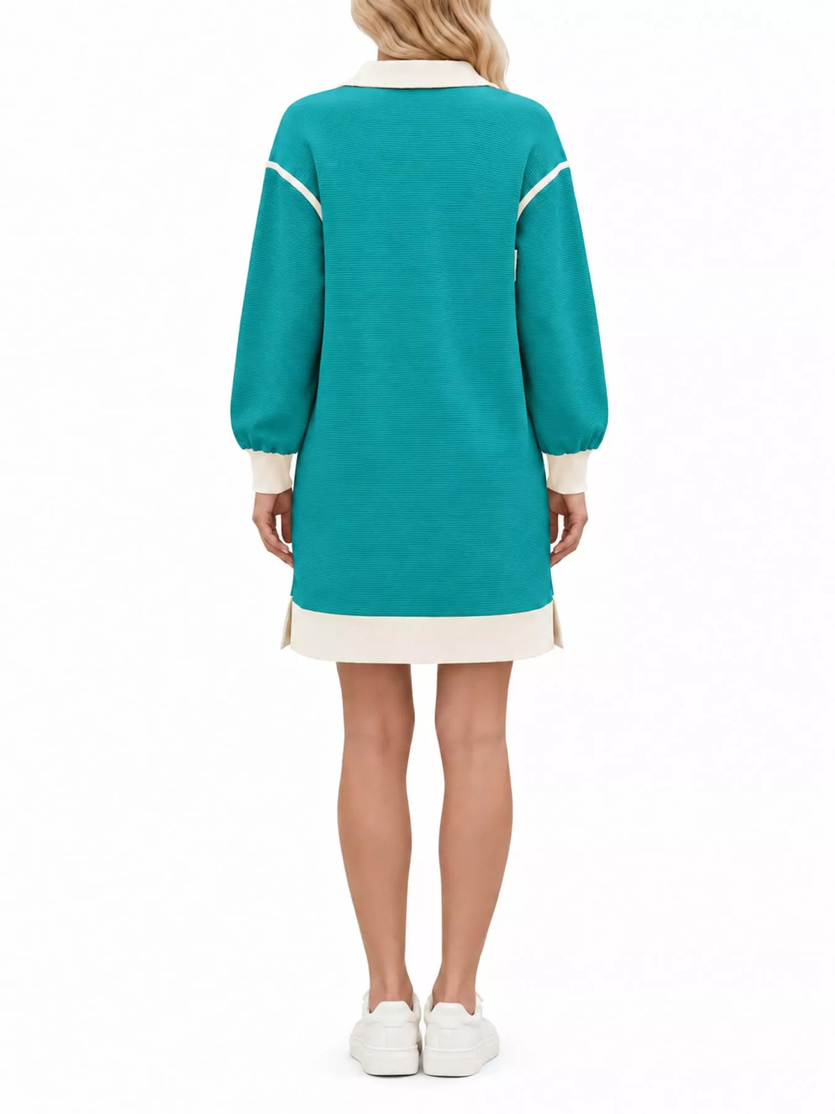 Teal color block quarter-zip sweatshirt dress — back view