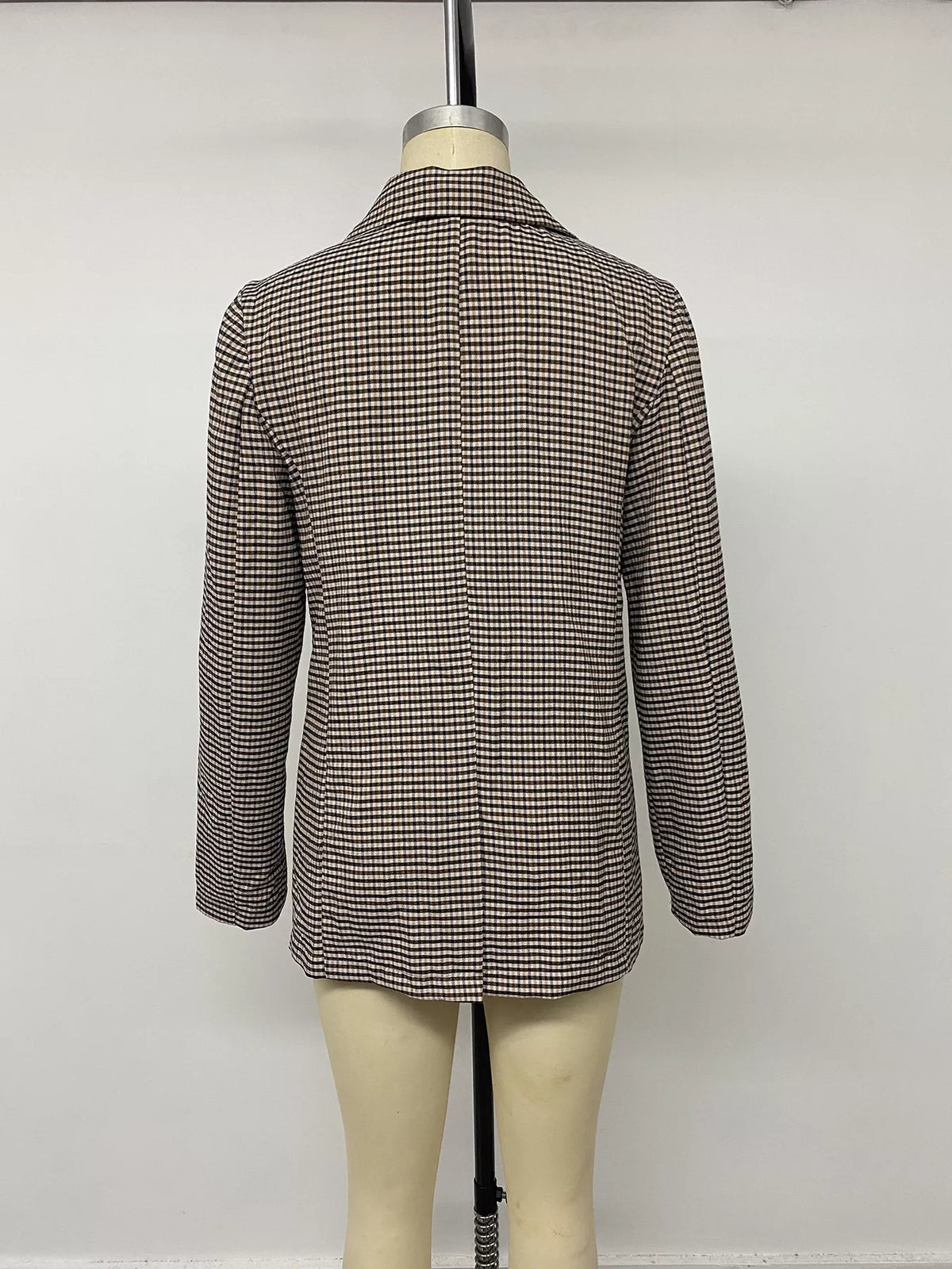 Brown plaid double-breasted blazer, back on mannequin