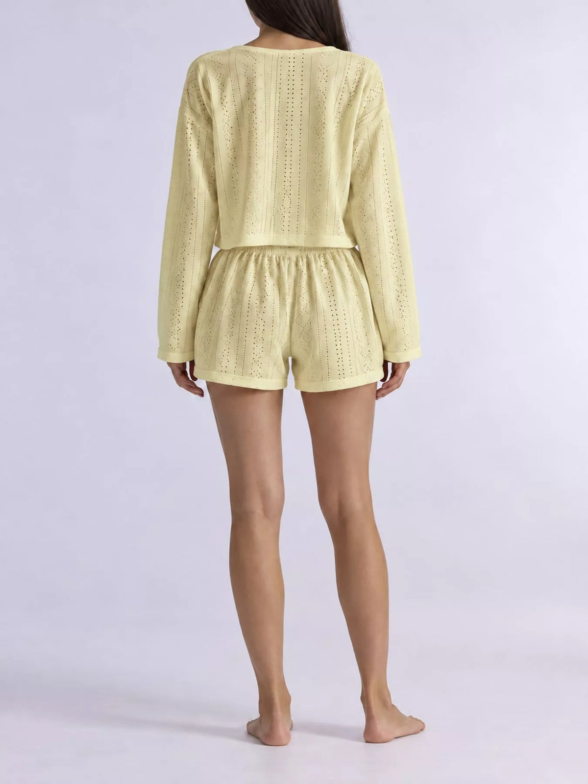 Eyelet Long Sleeve Top and Shorts Lounge Set, back view in yellow