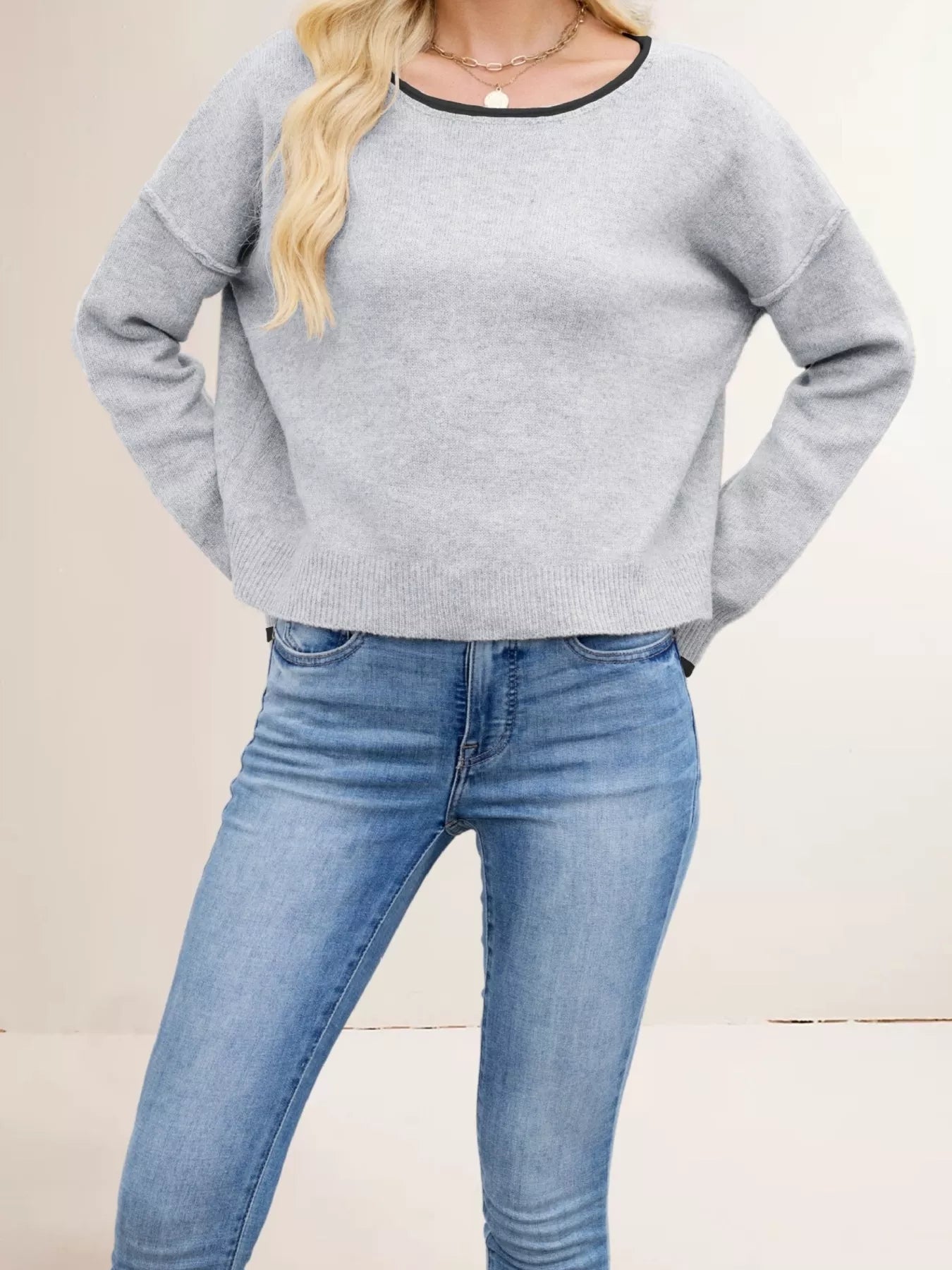Trendsi Contrast Trim Dropped Shoulder Sweater -
