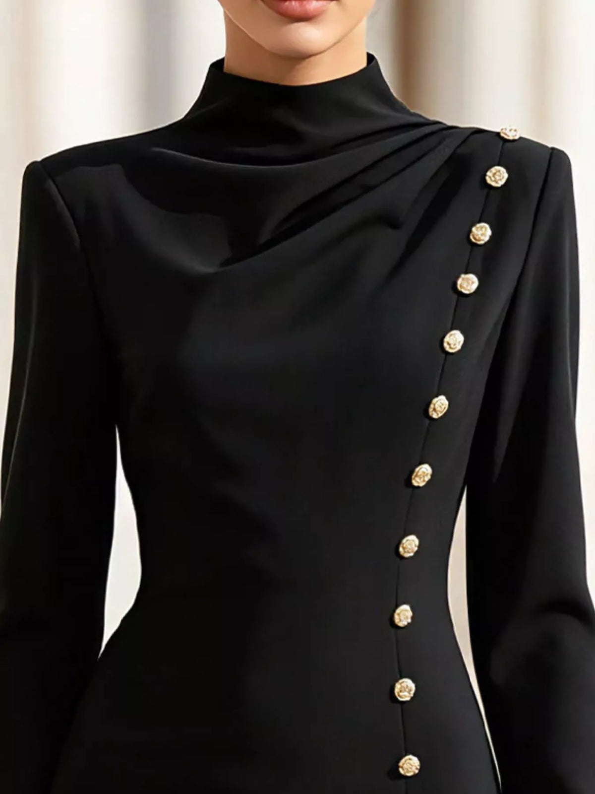 Mock-neck button-detail bodycon mini dress in black, draped neckline and button detail