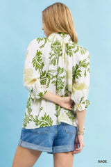 Trendsi Umgee Leafy Damask Print Blouse with Contrast Scalloped Trim Detail -