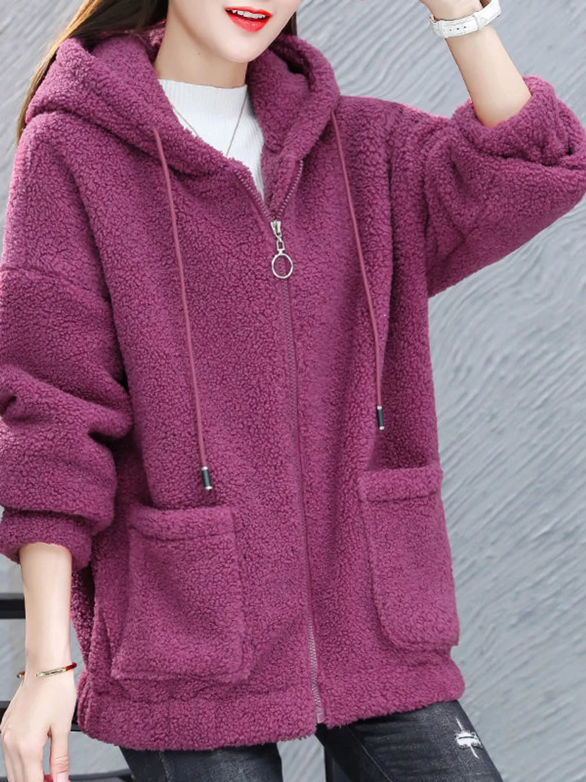 Rose Red fleece zip-up hoodie with pockets