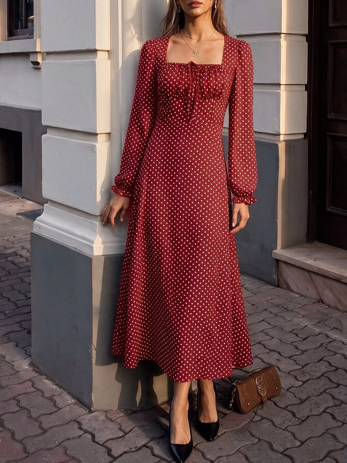 Trendsi Square Neck Polka Dot Long Sleeve Maxi Dress -
