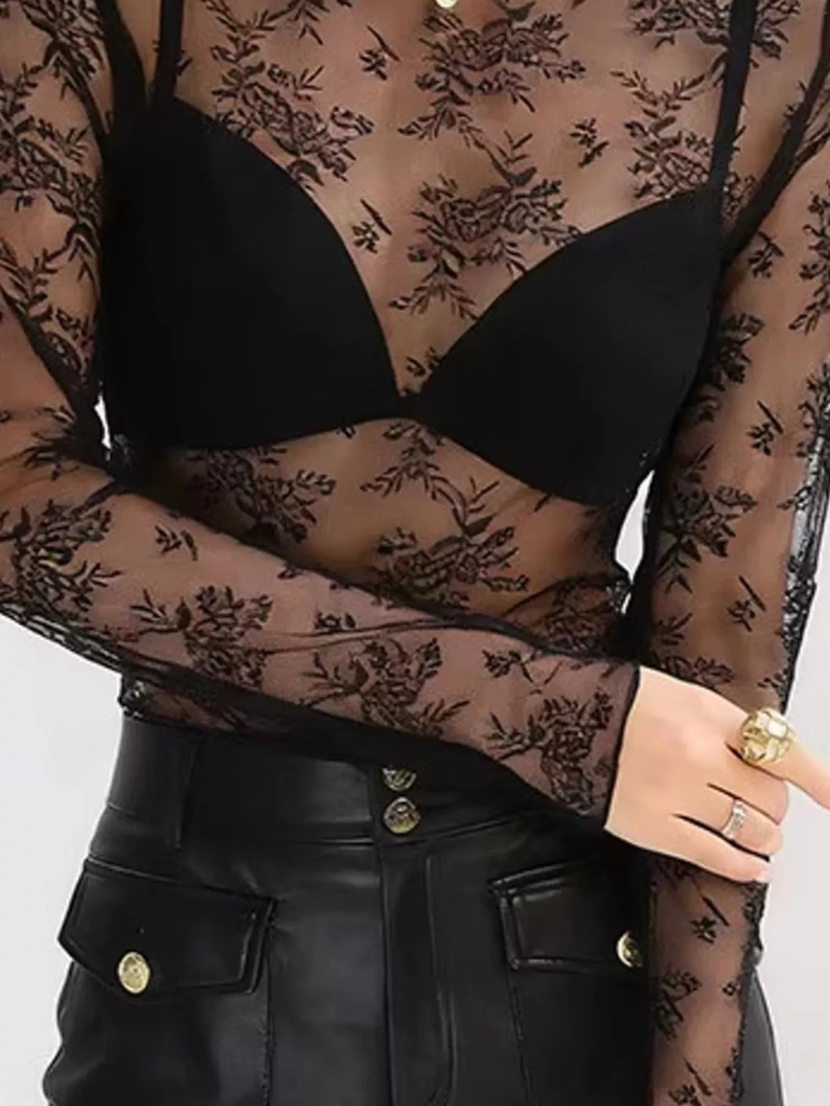 Black sheer floral lace mock neck blouse, sheer floral fabric and long sleeves