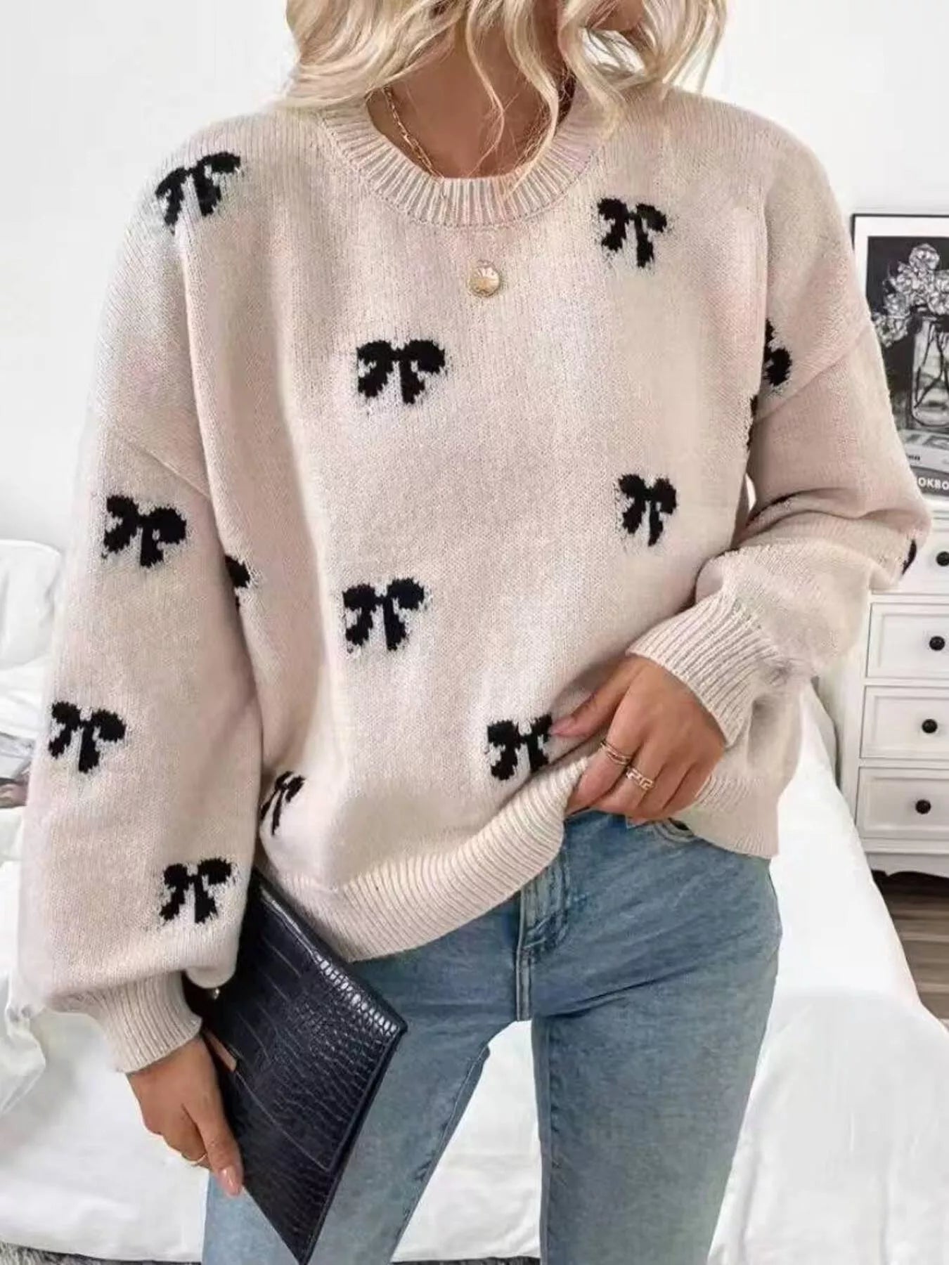 Trendsi Bow Round Neck Dropped Shoulder Sweater -