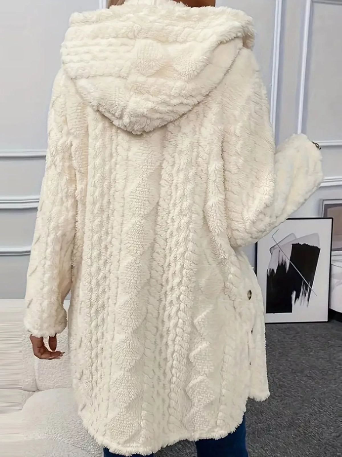 White cable knit faux fur hooded jacket, back view