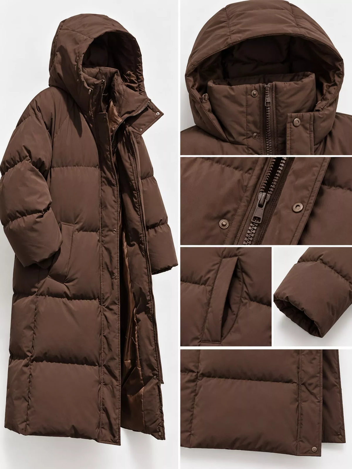 Longline puffer coat, brown garment details