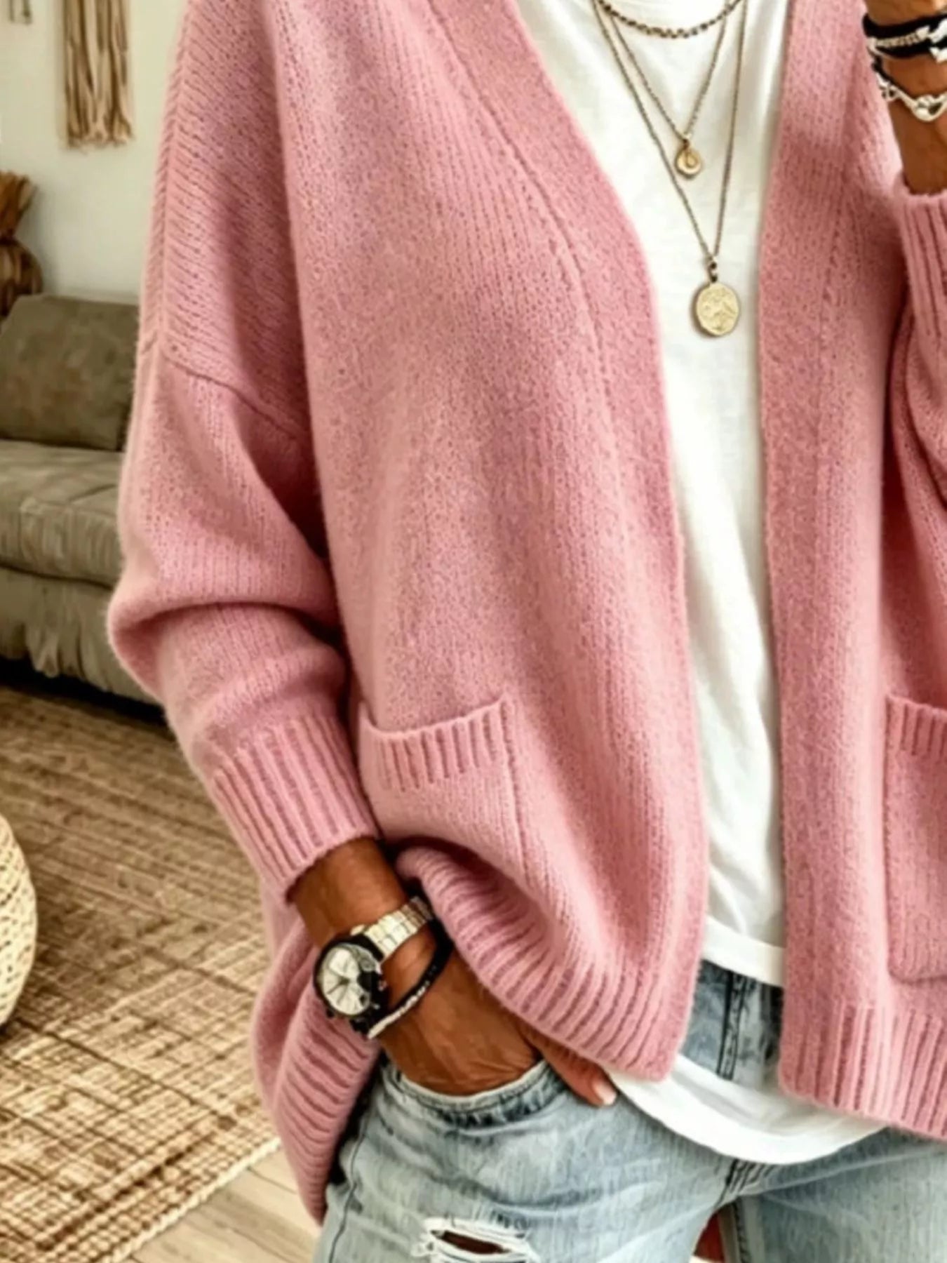 Trendsi Open Front Knit Cardigan with Pockets -