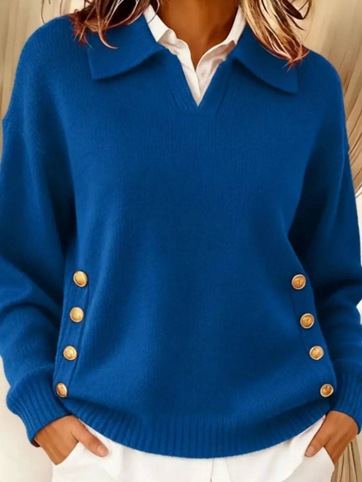 Women's Decorative Button Dropped Shoulder Sweater in Blue, front view