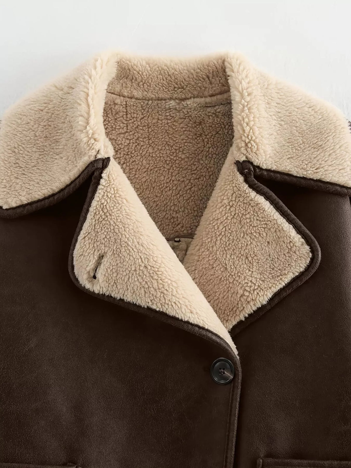 Coffee Brown Sherpa-Lined Button-Down Jacket with Pockets sherpa collar detail