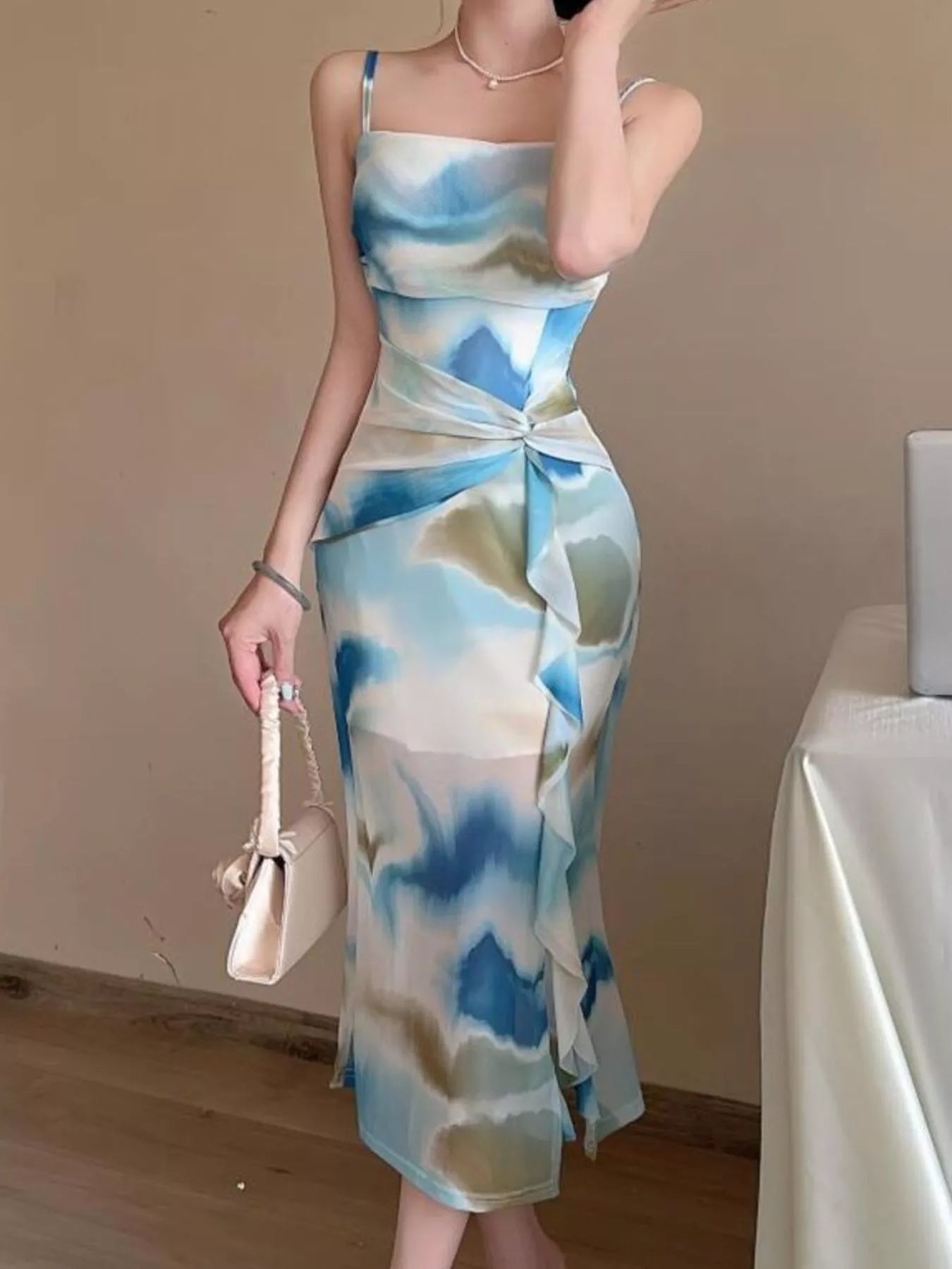 Trendsi Abstract Watercolor Print Ruched Midi Dress -