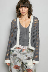 Trendsi POL Openwork Contrast Cardigan with Floral Metal Button -