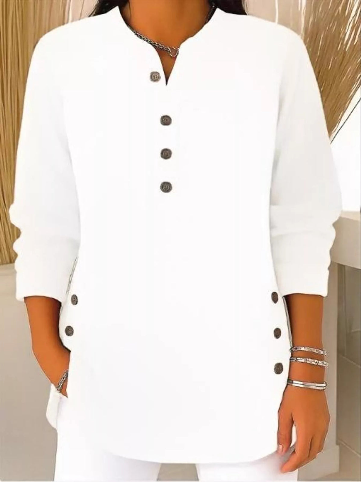 White button detail long sleeve top, front view