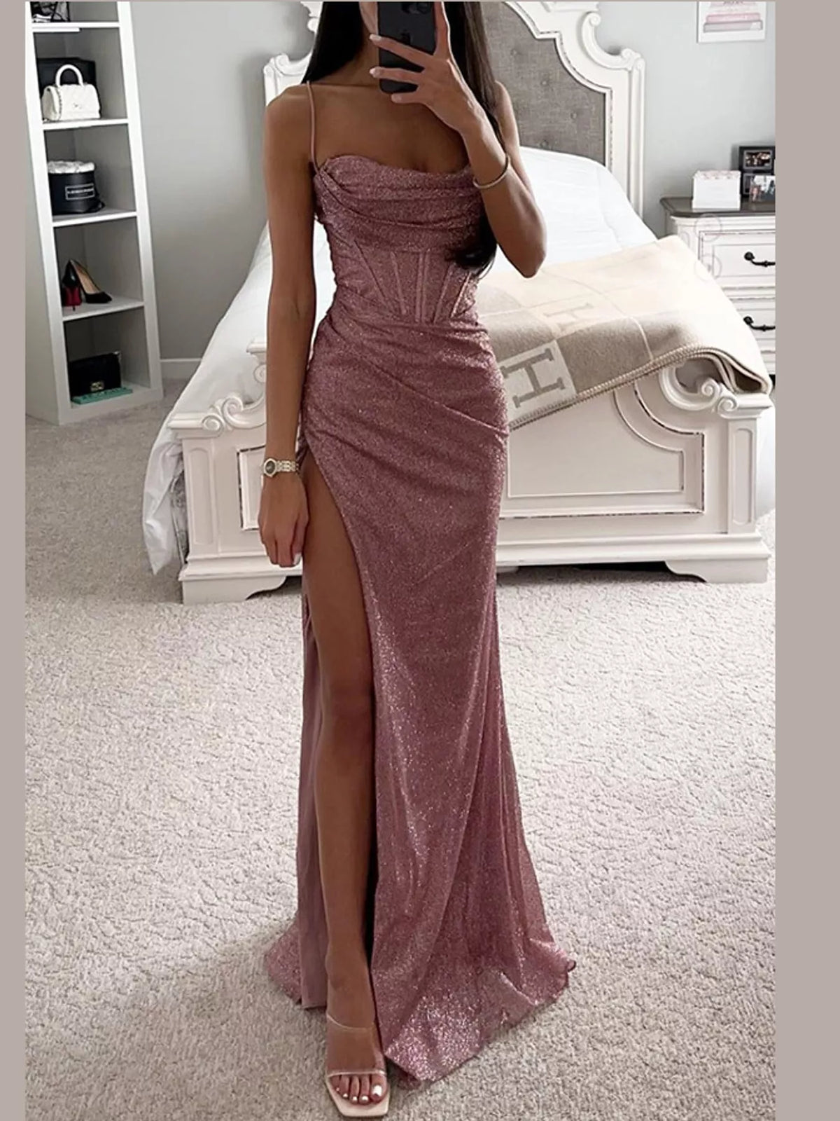 Pink high-slit glitter maxi evening dress — front view